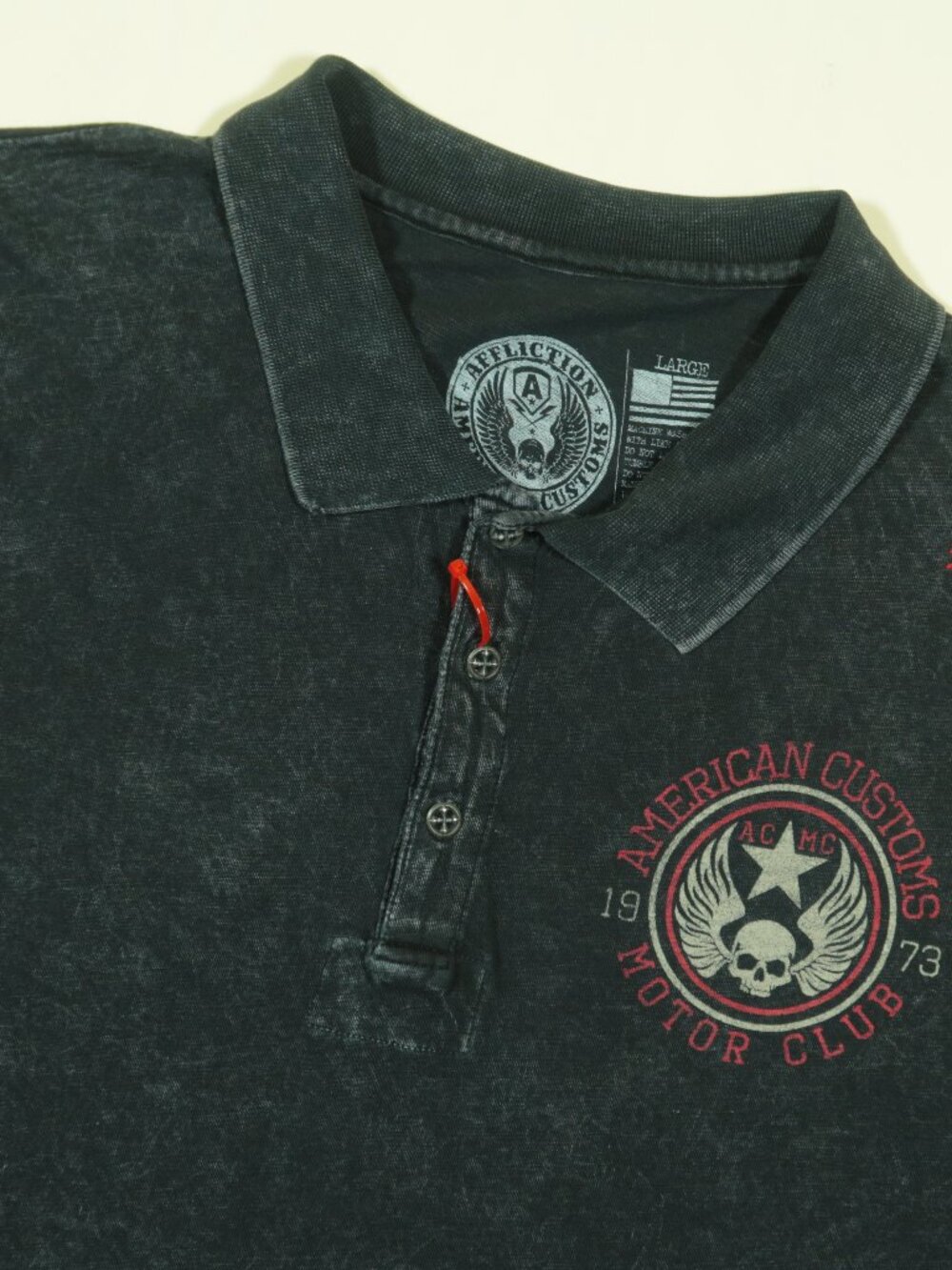 Affliction American Customers MC Polo Shirt Mens L Black Acid Wash Short Sleeve